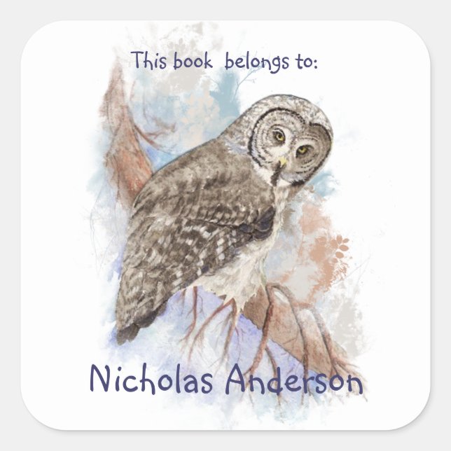 Watercolor Great Grey Owl Birds Bookplate art Square Sticker (Front)