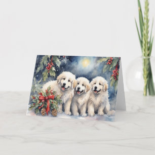 Watercolor Great Pyrenees Puppies 2 Xmas Scene Card