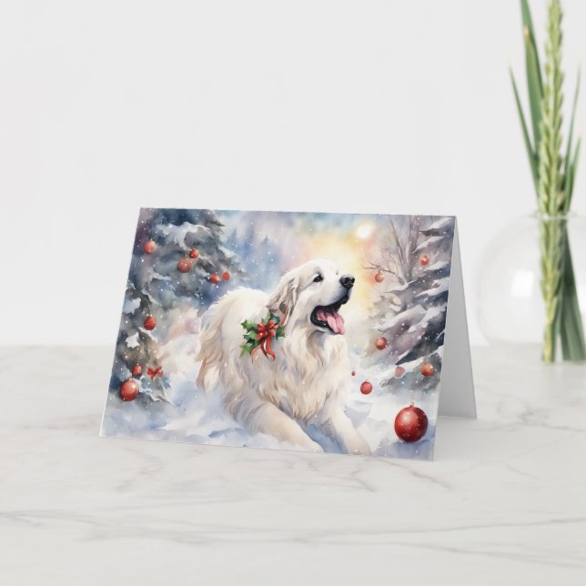Watercolor Great Pyrenees Xmas Scene Card (Front)