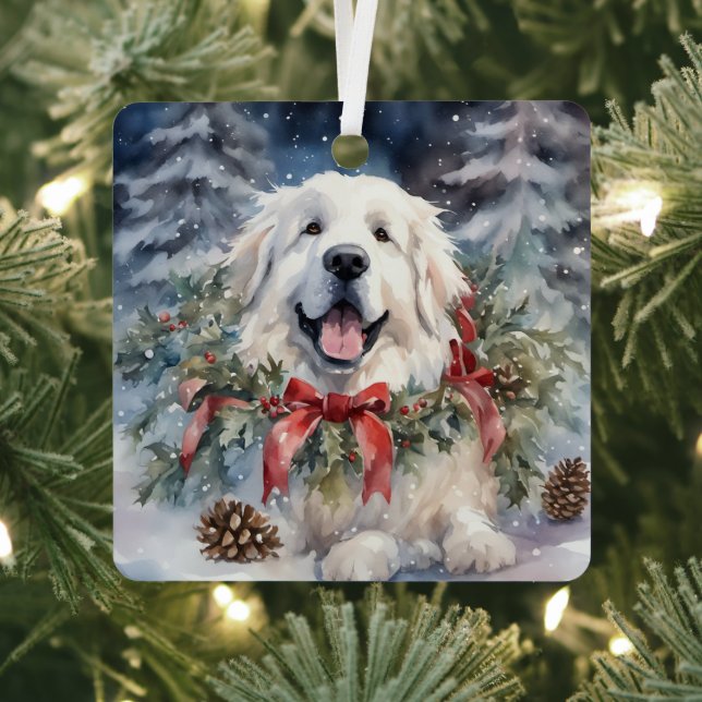 Watercolor Great Pyrenees Xmas Scene Metal Ornament (Insitu)