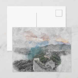 Watercolor great wall of china postcard