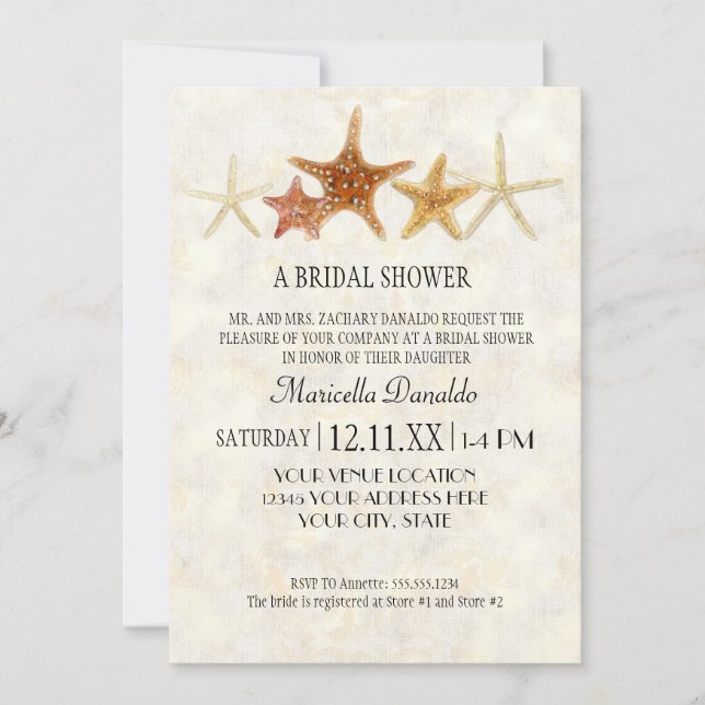 Watercolor Greek Key PatternStarfish Beach Wedding Invitation (Front)