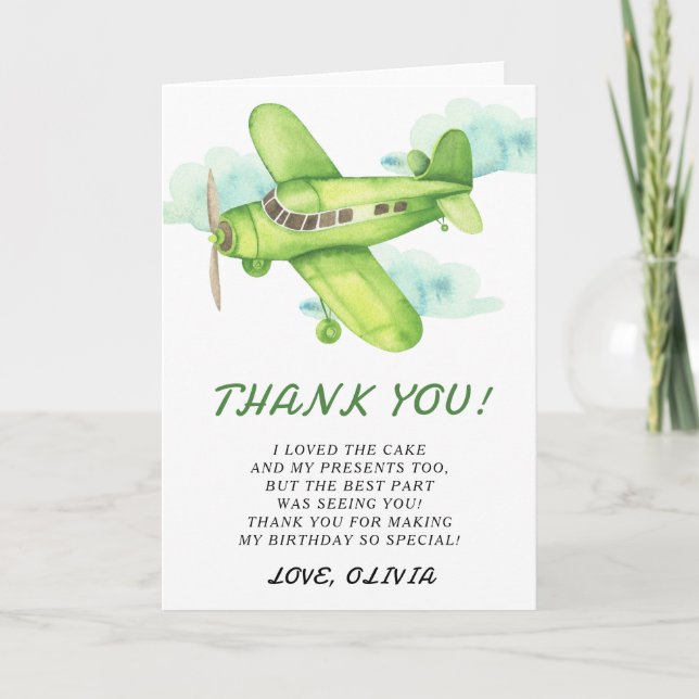 Watercolor Green Airplane Birthday thank you (Front)