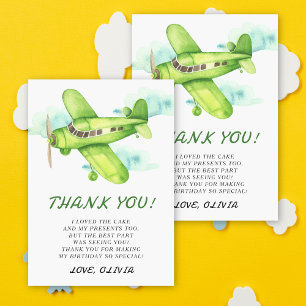Watercolor Green Airplane Birthday thank you Card