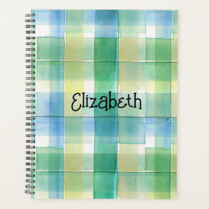Watercolor Green and Blue Plaid Planner