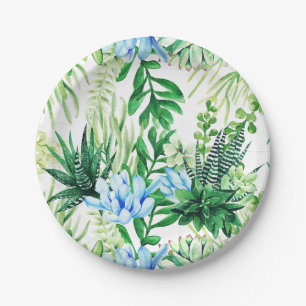 Watercolor Green and Blue Succulent Plants, Leaves Paper Plate
