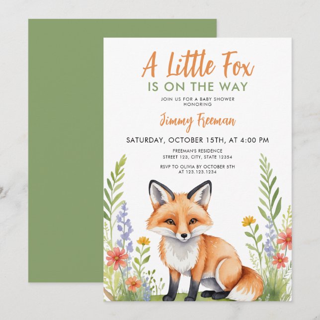 Watercolor Green and Brown Cute Fox Baby Shower Invitation (Front/Back)