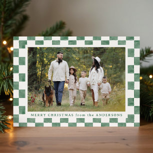 Watercolor Green and Cream Gingham Christmas Photo Holiday Card