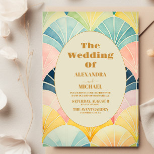 Watercolor Green and Gold Art Deco Wedding Invitation