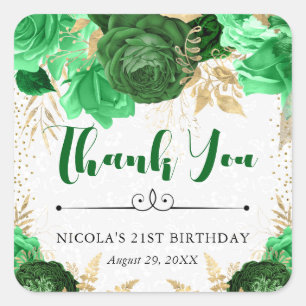 Watercolor Green and Gold Flowers Birthday Square Sticker