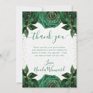 Watercolor Green and Gold Flowers Sweet 16 Thank You Card