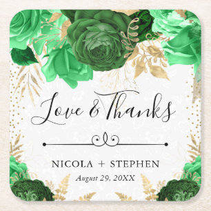 Watercolor Green and Gold Flowers Wedding Square Paper Coaster