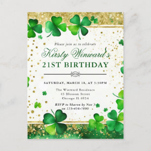 Watercolor Green and Gold Shamrock 21st Birthday Postcard