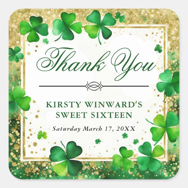 Watercolor Green and Gold Shamrock Sweet Sixteen Square Sticker (Front)