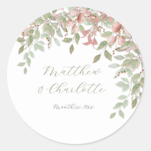 Watercolor Green and Pink Leaves Wedding Classic Round Sticker