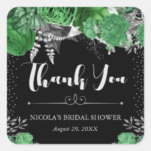 Watercolor Green and Silver Flowers Bridal Shower Square Sticker