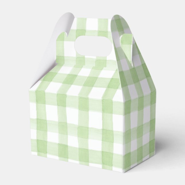 Watercolor Green and White Gingham Crest Favor Box (Back Side)