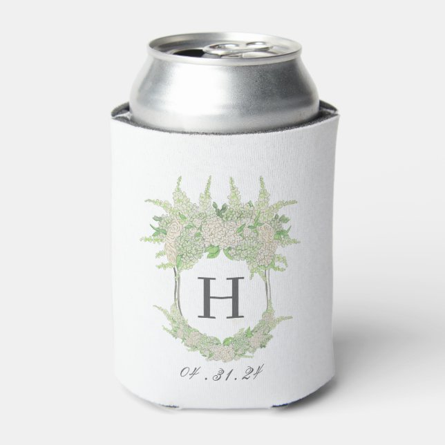 Watercolor Green and White Hydrangea Crest Can Cooler (Can Front)