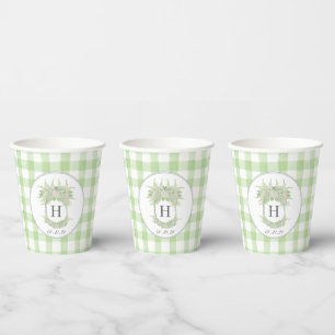 Watercolor Green and White Hydrangea Crest Gingham Paper Cups