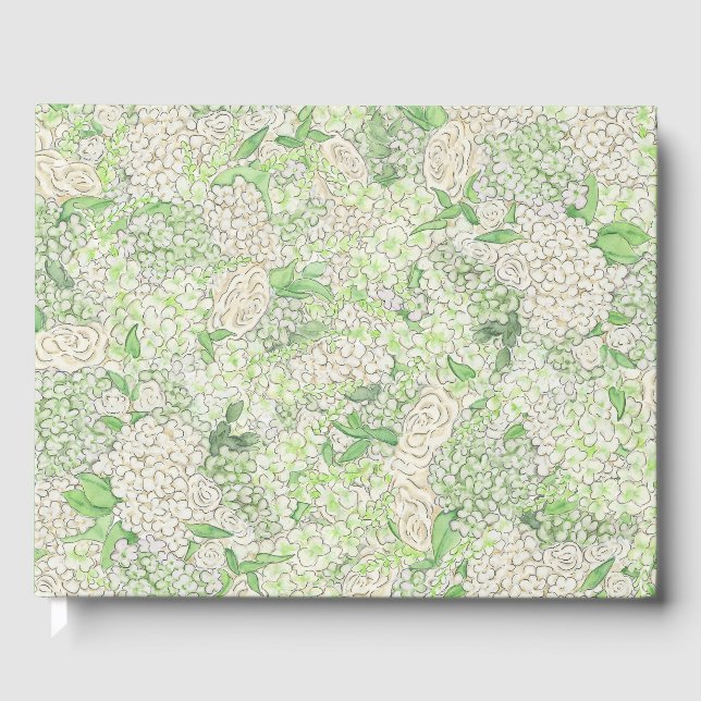 Watercolor Green and White Hydrangea Crest Guest Book (Front)