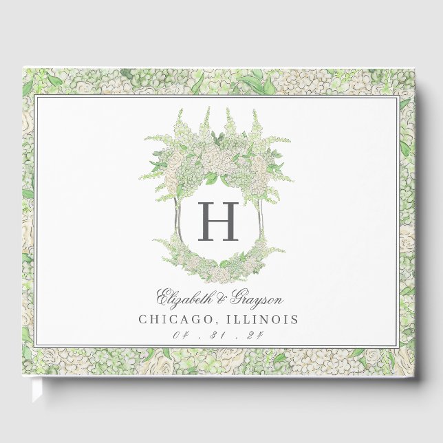 Watercolor Green and White Hydrangea Crest Guest Book (Front)