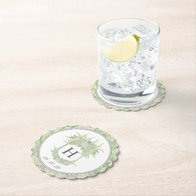 Watercolor Green and White Hydrangea Crest Paper Coaster (Insitu)
