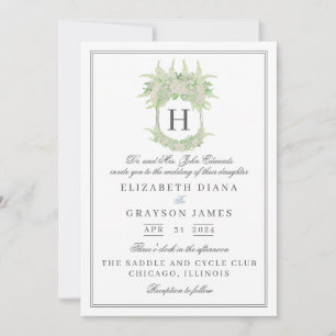 Watercolor Green and White Hydrangea Crest Wedding Invitation