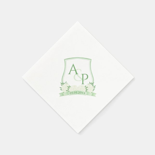 Watercolor Green And White Hydrangea Wedding Crest Napkin (Corner)
