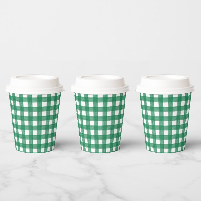 Watercolor Green and White Plaid Paper Cup w/ lid (Multi)