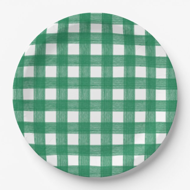 Watercolor Green and White Plaid Paper Plates (Front)