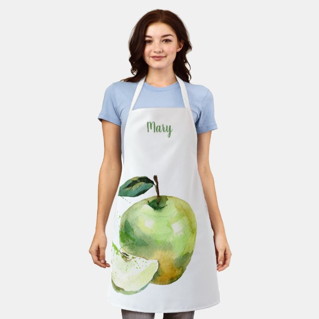 Watercolor Green Apple Customizable Apron (Worn)