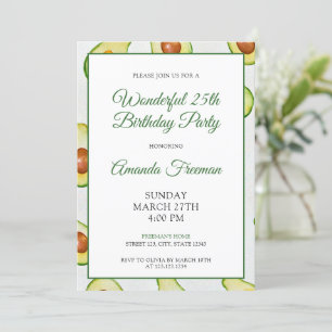 Watercolor Green Avocado Pattern Birthday Invitation