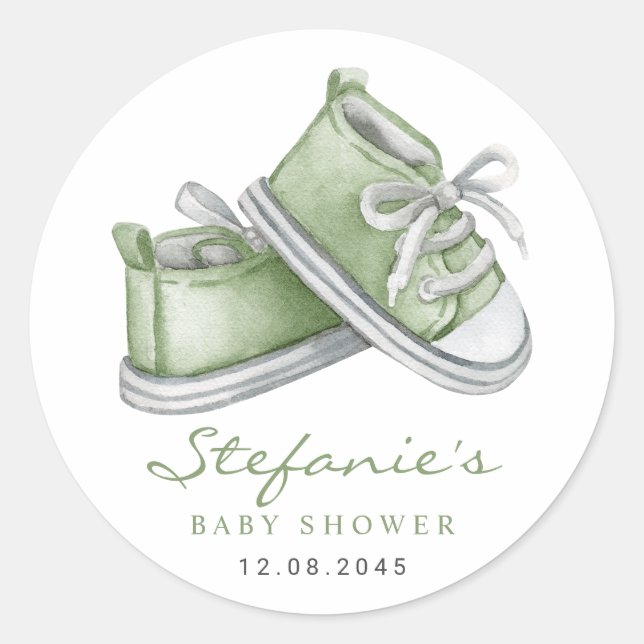 Watercolor Green Baby Booties Baby Shower Classic Round Sticker (Front)