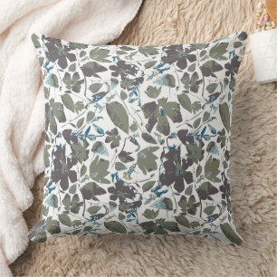Watercolor Green Blue Clematis Vine Flowers Patter Throw Pillow