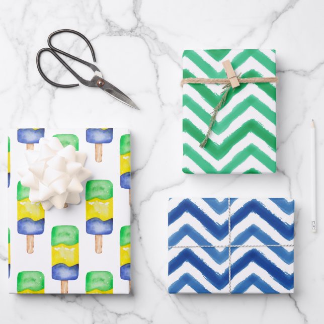 Watercolor Green & Blue Popsicle Chevron Wrapping Paper Sheet (Front)