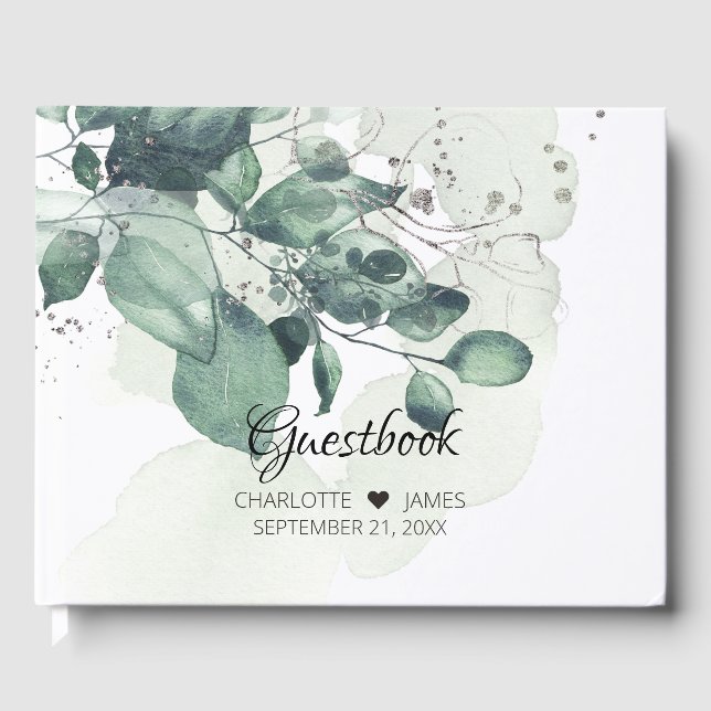 Watercolor green botanical personalized wedding guest book (Front)