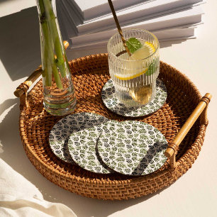 Watercolor green branches pattern round paper coaster