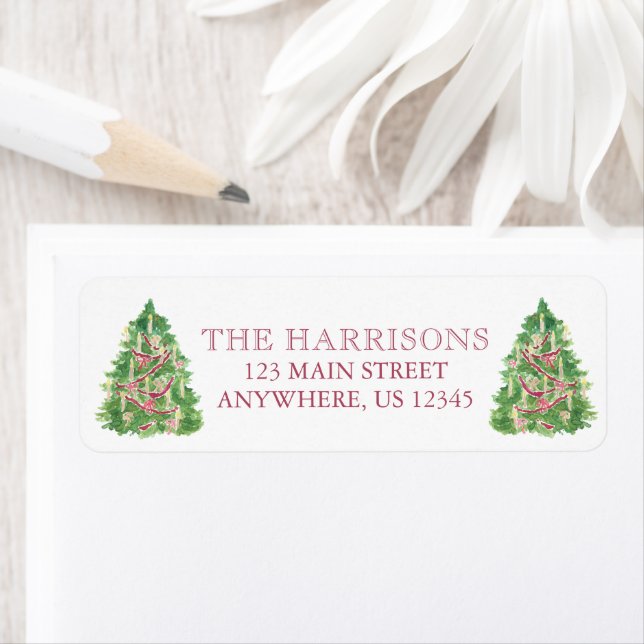 Watercolor Green & Burgundy Christmas Tree Address (Insitu)