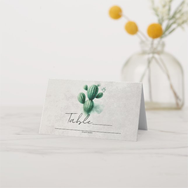 Watercolor Green Cactus Grey Wedding Table Number Place Card (Front)