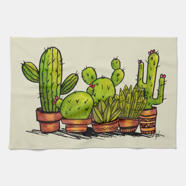 Watercolor Green Cactus Plants  Kitchen Towel (Horizontal)