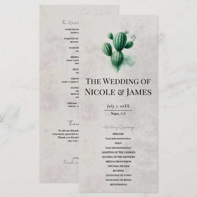 Watercolor Green Cactus Stone Grey Wedding Program (Front/Back)