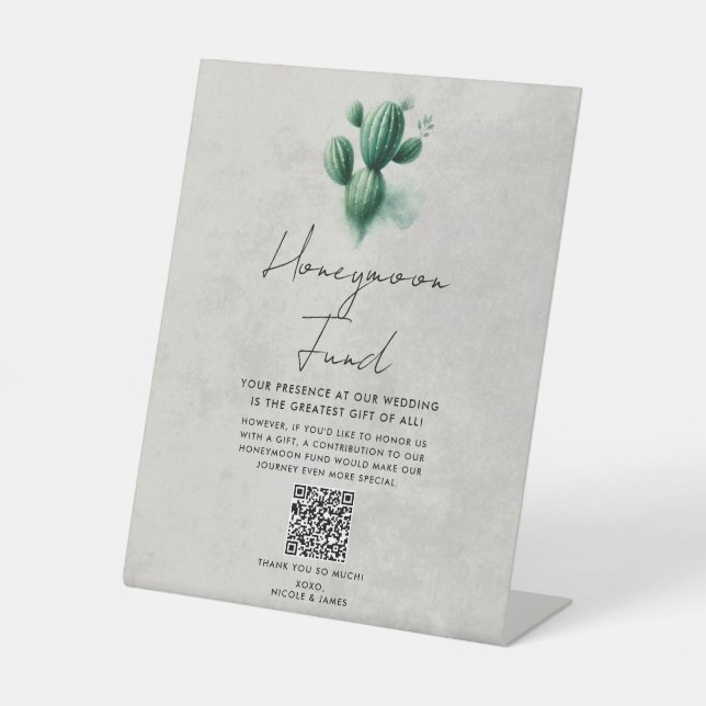 Watercolor Green Cactus Wedding Honeymoon Fund Pedestal Sign (Front)