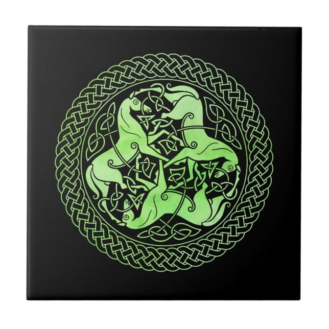 Watercolor Green Celtic Knot Ring with Horses Tile (Front)