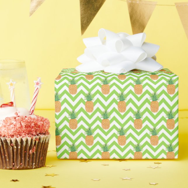 Watercolor Green Chevron Pineapples Wrapping Paper (Birthday Party)