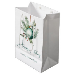 Watercolor Green Christmas Ornament Happy Holidays Medium Gift Bag