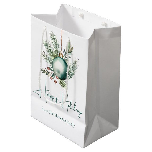 Watercolor Green Christmas Ornament Happy Holidays Medium Gift Bag (Front Angled)
