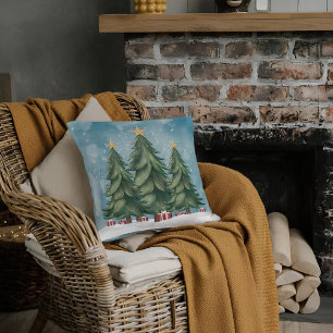 Watercolor Green Christmas tree Throw Pillow