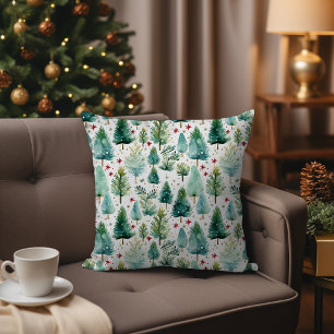 Watercolor Green Christmas Tree Winter Forest Throw Pillow