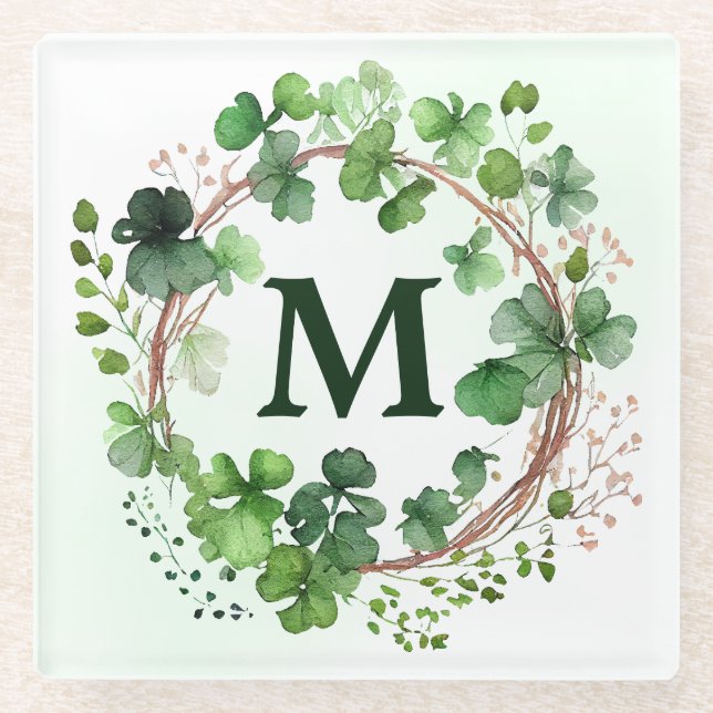 Watercolor Green Clover Wreath St Patrick's Day Glass Coaster (Front)