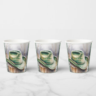 Watercolor Green Cowboy Hat in Snow Wedding Paper Cups